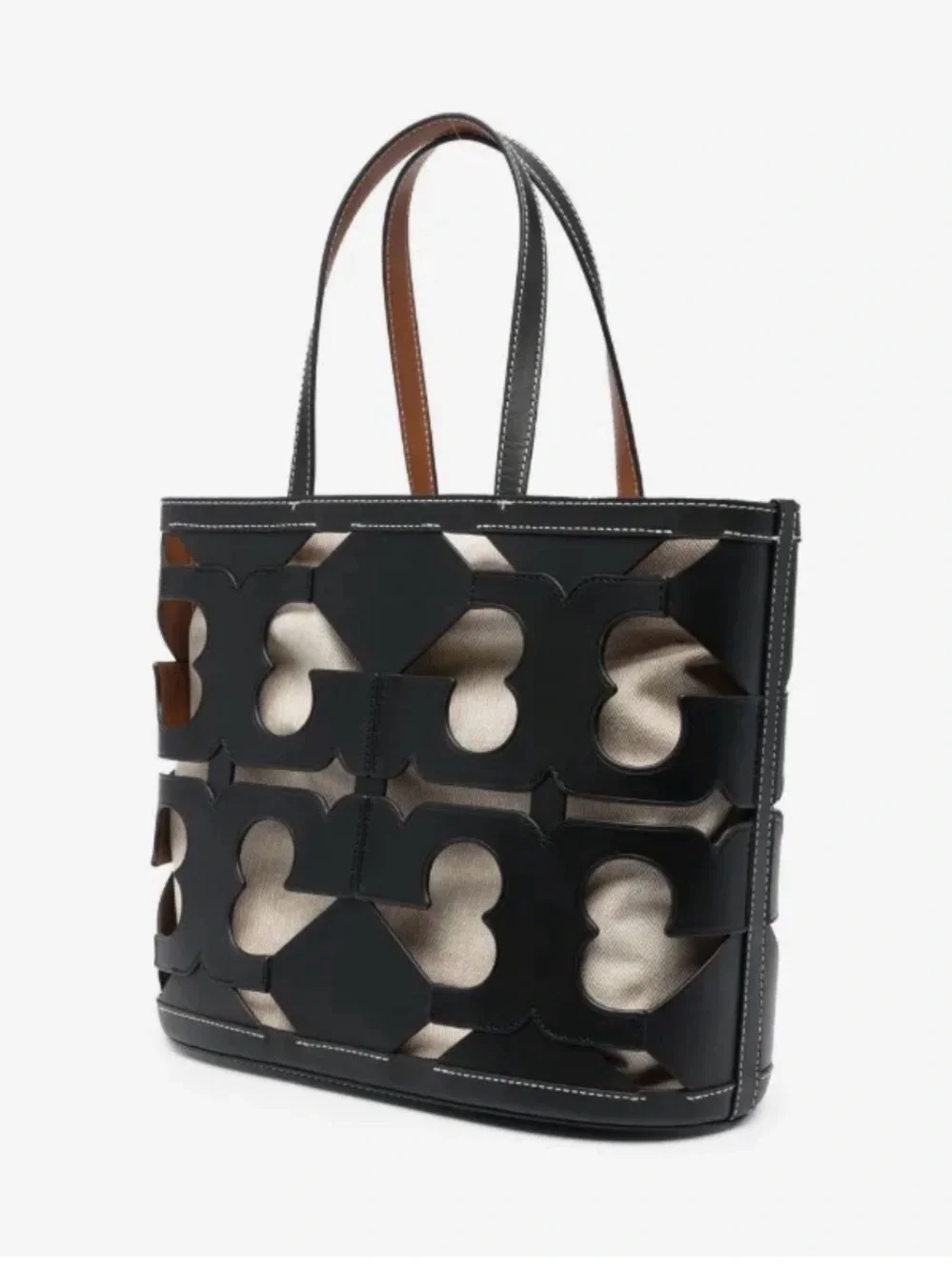 Tory Burch Cutout Logo Leather Tote Bag with Natural Canvas Interior